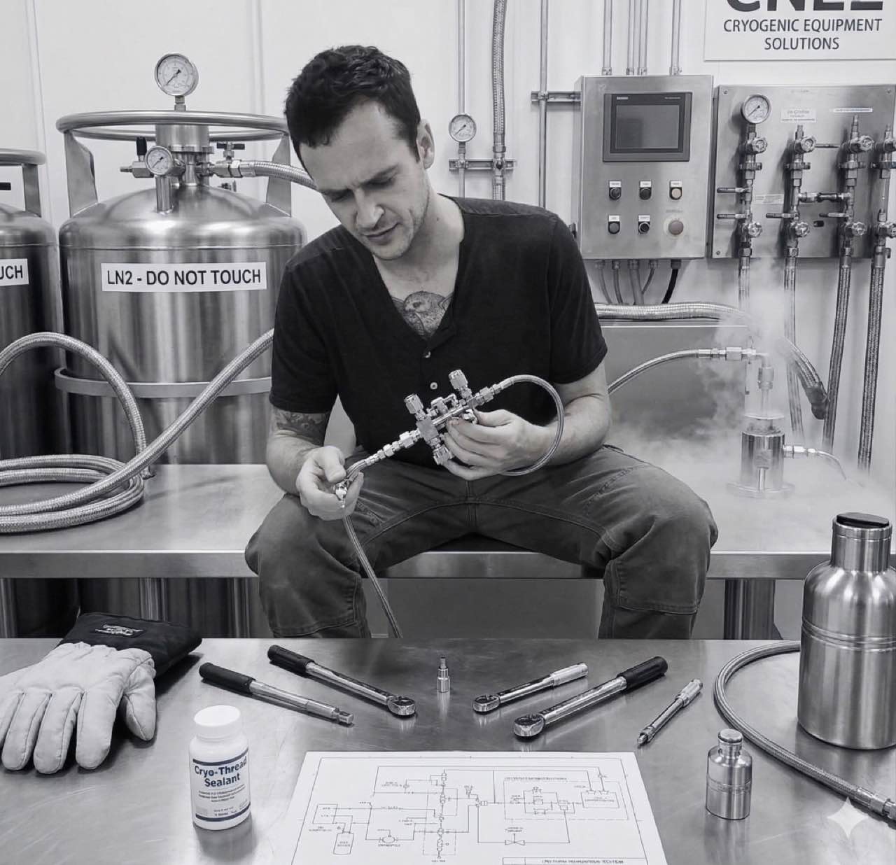 John Hittner assembling cryogenic fluid manifold hardware